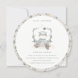 Cute Gult Baby Hippo Foliage Baby Shower Inbjudan