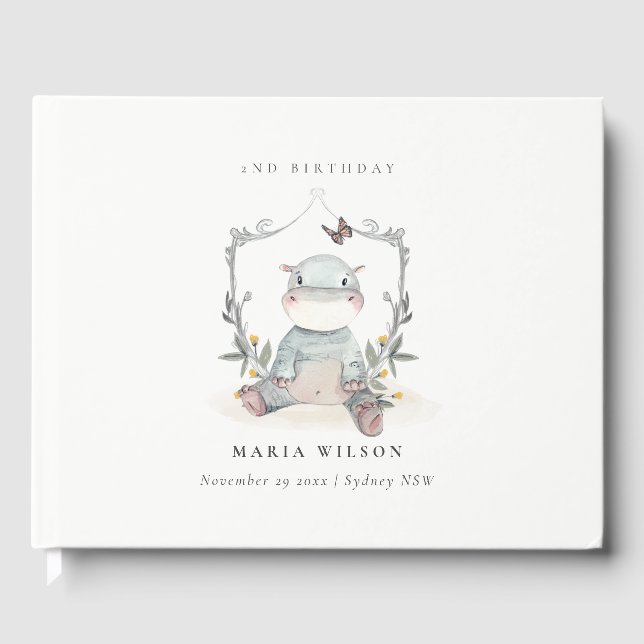 Cute Gult Baby Hippo Foliage i åldern Födelsedag Gästböcker (Framsida)