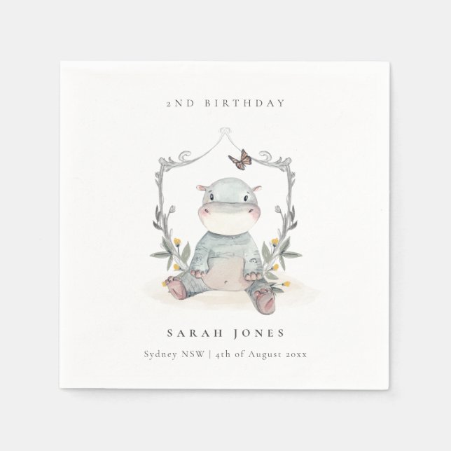 Cute Gult Baby Hippo Foliage i åldern Födelsedag Pappersservett (Framsidan)