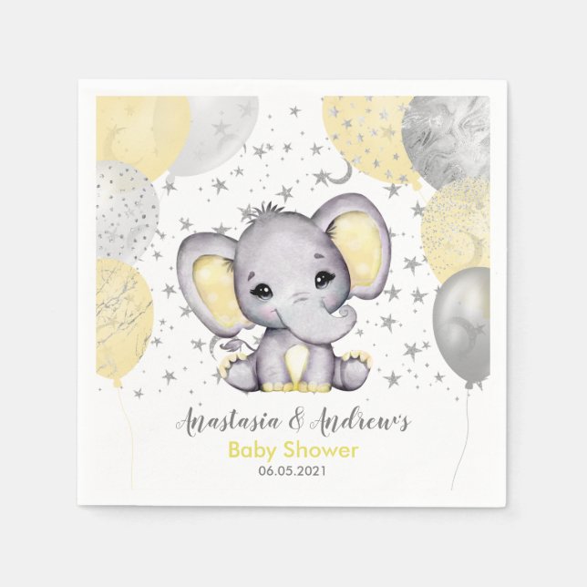 Cute Gult Baby Shower Elephant Balloons Napkins Pappersservett (Framsidan)