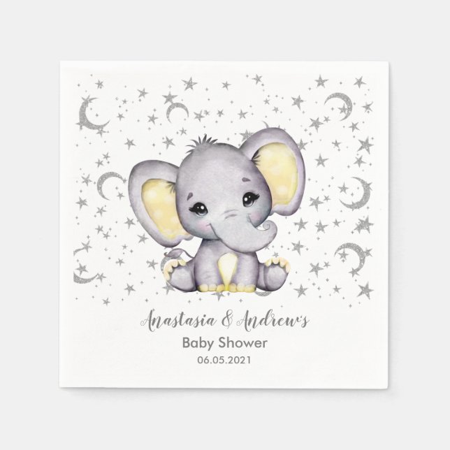 Cute Gult Baby Shower Elephant Napkins Pappersservett (Framsidan)