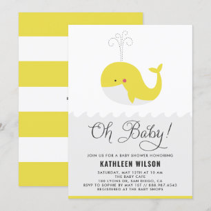 Cute Gult Baby Whale Oh Baby Baby Shower Inbjudningar