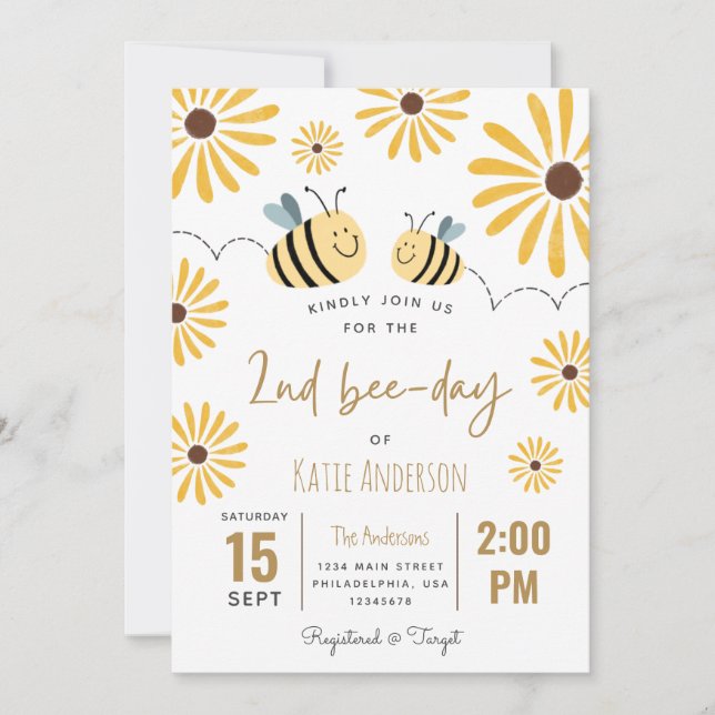 Cute Gult Bee och Solros 2:a bidagen Inbjudningar (Framsida)