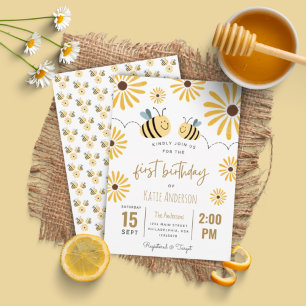 Cute Gult Bee och Solros första födelsedag Inbjudningar