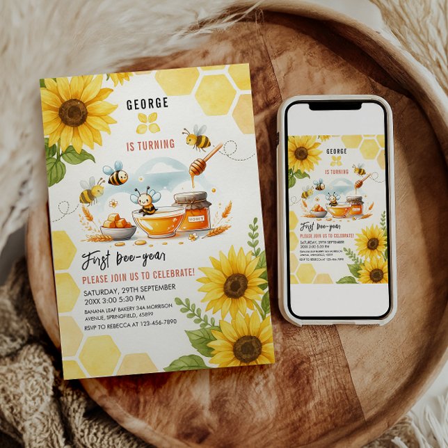 Cute Gult Bee & Solros 1:a bidagen Inbjudningar (Skapare uppladdad)