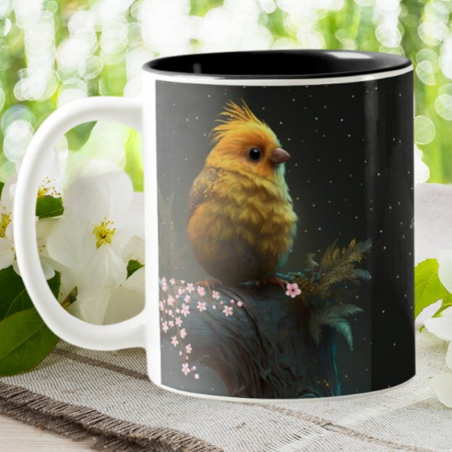 Cute Gult Bird Rosa Flower Starry Night Anpassning Två-Tonad Mugg (Skapare uppladdad)