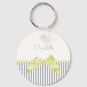 Cute Gult Bow med Girly Grått Rand och Namn Nyckelring