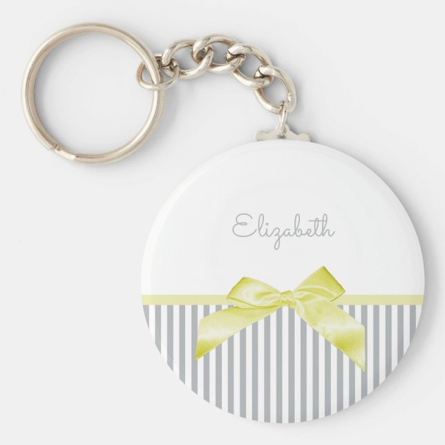 Cute Gult Bow med Girly Grått Rand och Namn Nyckelring (Framsidan)