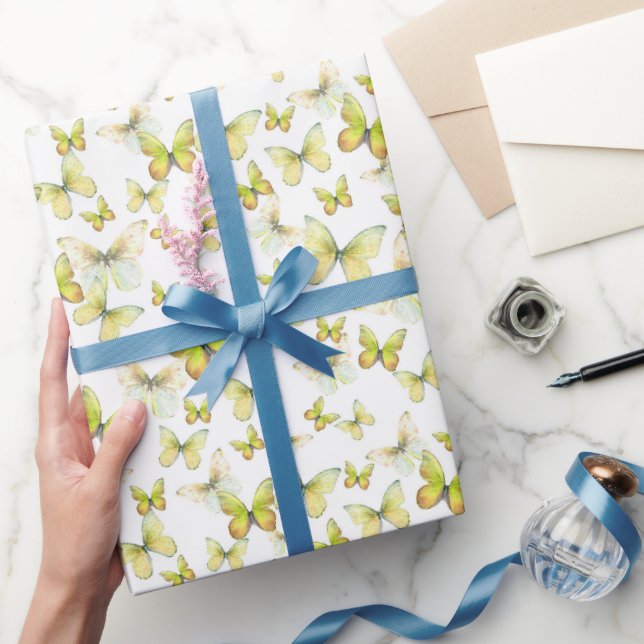 Cute Gult Butterflies Mönster Pastel Presentpapper (Gifting)