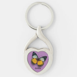 Cute Gult Butterfly på Lila-bakgrunden Twisted Heart Silverfärgad Nyckelring