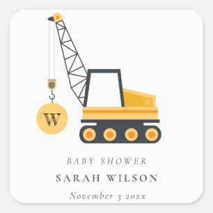 Cute Gult Construction Crane Fordon Baby Shower Fyrkantigt Klistermärke