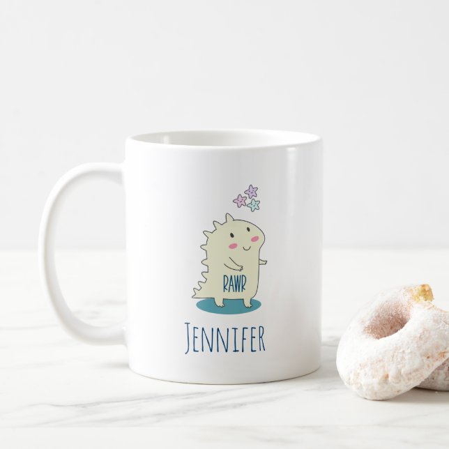 Cute Gult Dino med Lycklig Stars Kaffemugg (Med munk)