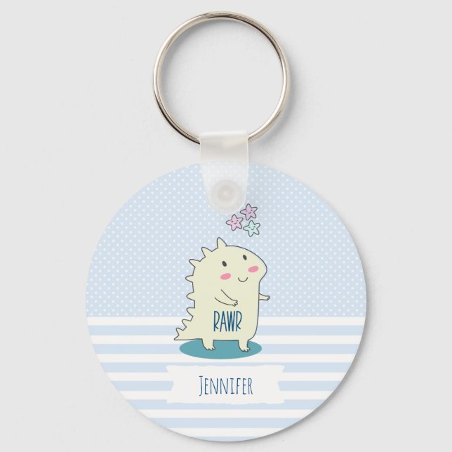 Cute Gult Dino med Lycklig Stars Nyckelring (Framsida)