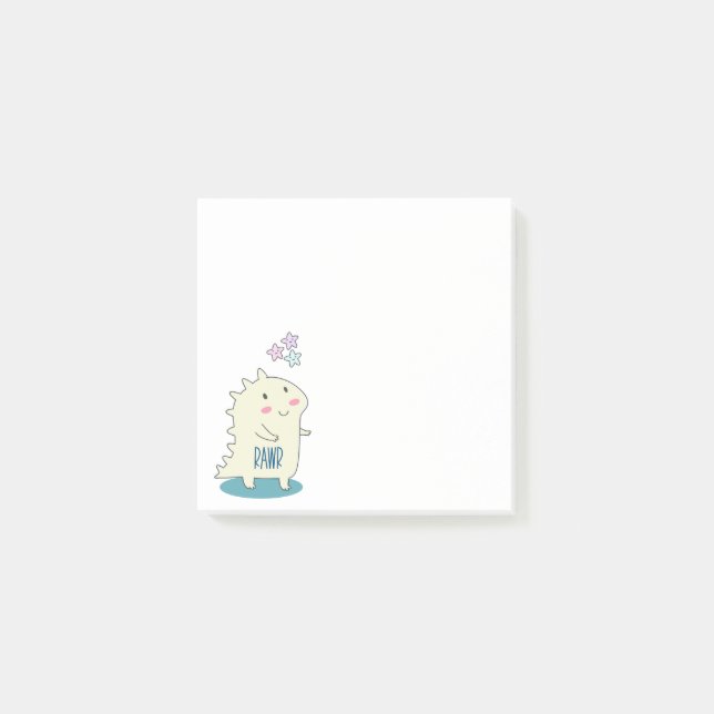 Cute Gult Dino med Lycklig Stars Post-it Block (Framsida)