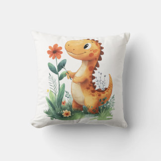 Cute Gult Dinosaur Holding a Flower Kudde