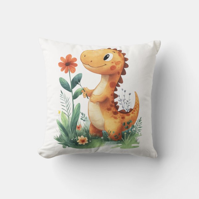 Cute Gult Dinosaur Holding a Flower Kudde (Framsida)