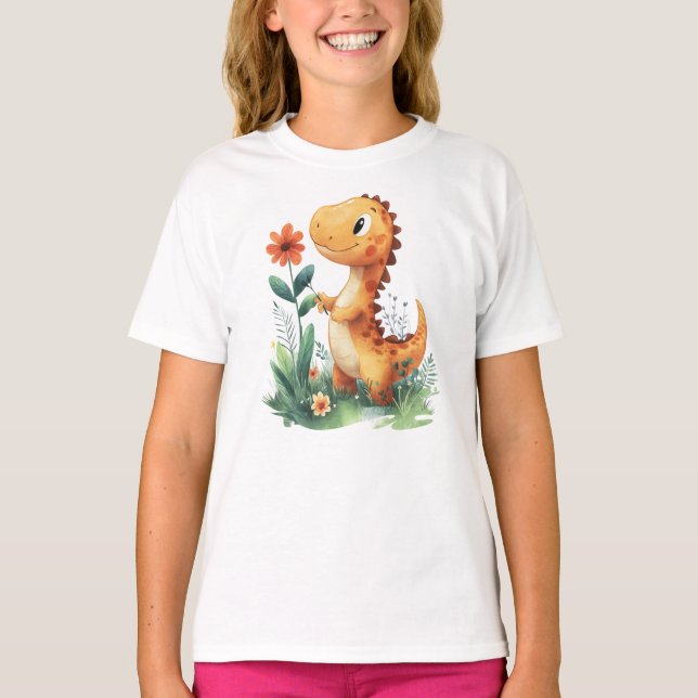 Cute Gult Dinosaur Holding a Flower T Shirt (Framsida)