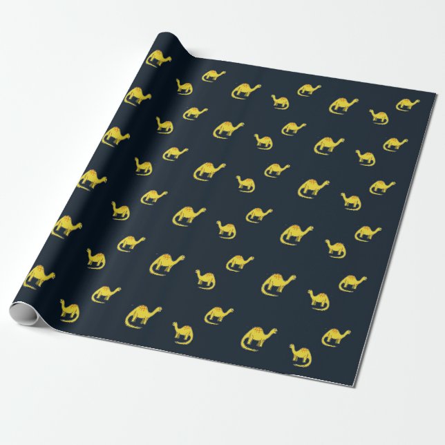 Cute gult dinosaurs mönster på blå presentpapper (Utrullad)
