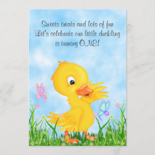 Cute Gult Duckling och Butterflies 1:a födelsedage Inbjudningar