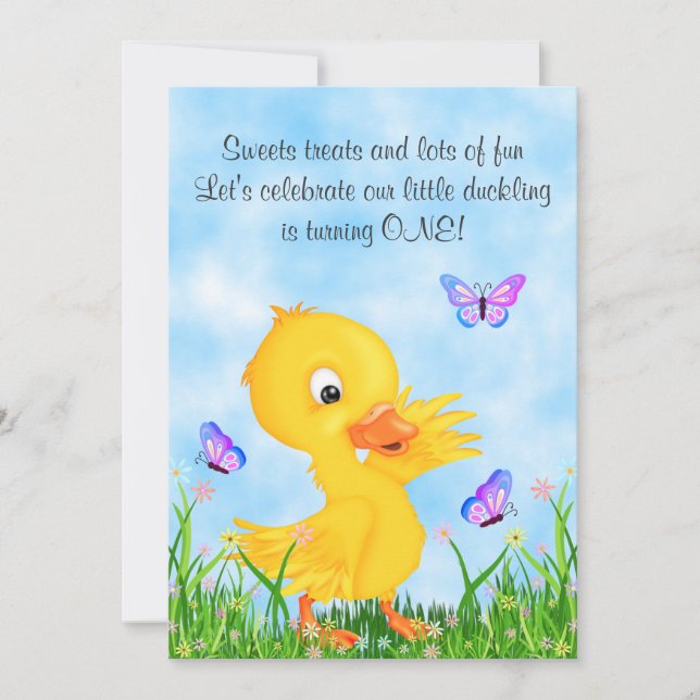 Cute Gult Duckling och Butterflies 1:a födelsedage Inbjudningar (Framsida)