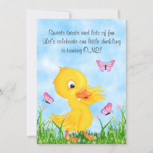 Cute Gult Duckling och Butterflies 1:a födelsedage Inbjudningar