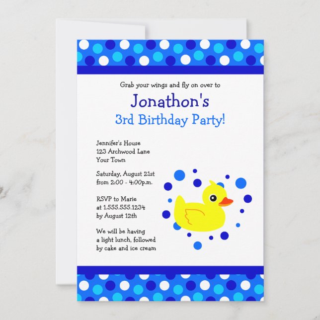 Cute Gult Ducky Blue Polka dots Birthday Inbjudan (Framsida)