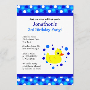 Cute Gult Ducky Blue Polka dots Birthday Inbjudan