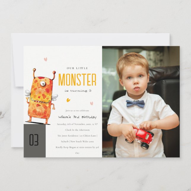 Cute Gult en Eyed Monster Kids Photo Birthday Inbjudningar (Framsida)