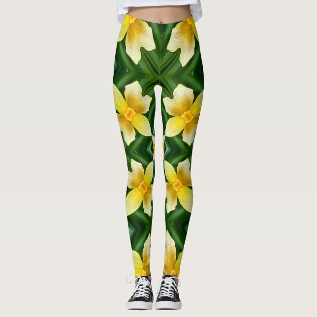 Cute Gult Flower Mönster Leggings (Framsida)