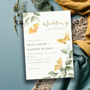 Cute Gult Garden Foliage Butterflies Bröllop Inbjudningar