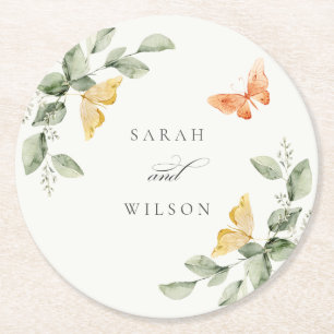Cute Gult Garden Foliage Butterflies Bröllop Underlägg Papper Rund