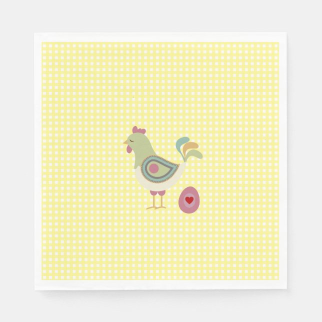 Cute Gult Gingham Chicken Napkins Pappersservett (Framsidan)