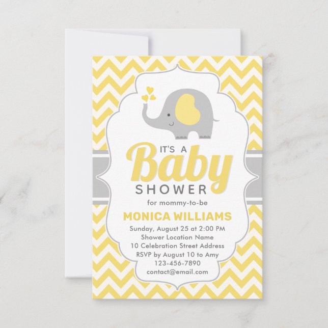 Cute Gult Grått Elephant Neutralt Baby Shower Inbjudningar (Framsida)