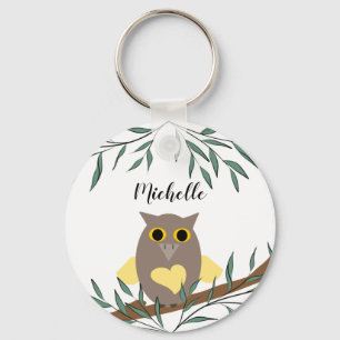 Cute Gult Heart Uggla på Gren Personlig Nyckelring