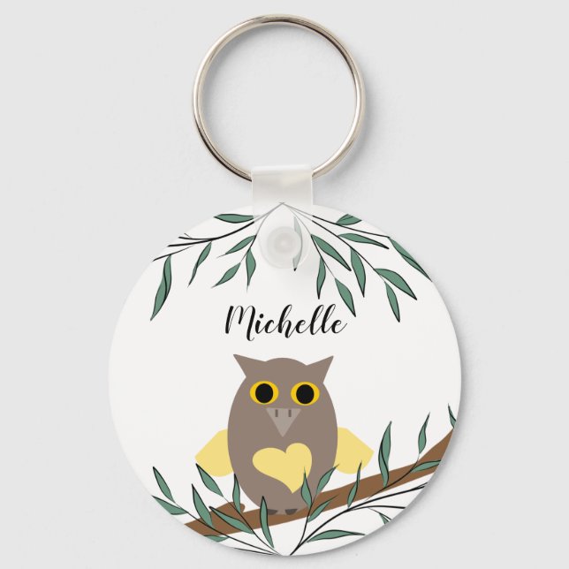 Cute Gult Heart Uggla på Gren Personlig Nyckelring (Framsida)