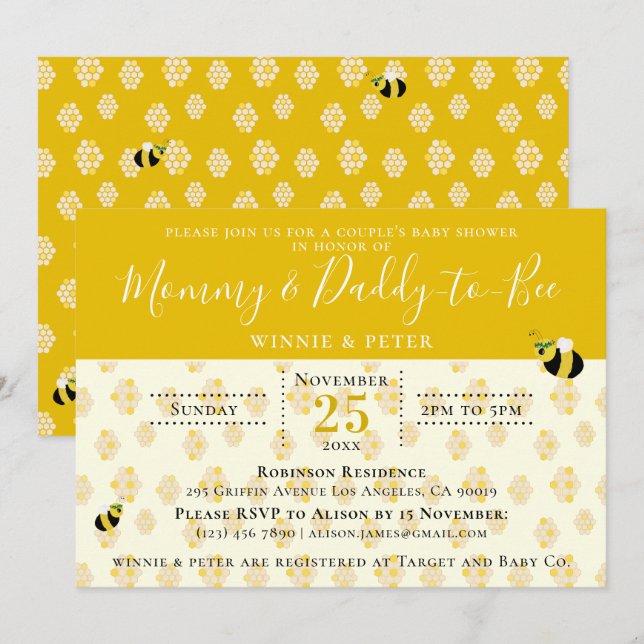 Cute Gult Honeycomb Bee Couples Baby Shower Inbjudningar (Fram/baksida)