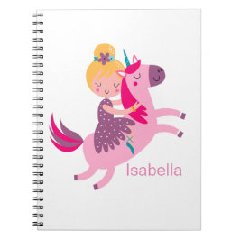 Cute Gult Hred Girl Riding på Unicorn Anteckningsbok