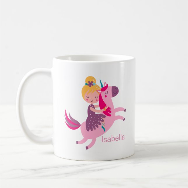 Cute Gult Hred Girl Riding på Unicorn Kaffemugg (Vänster)