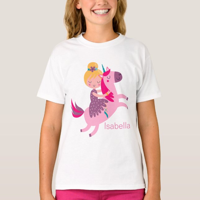 Cute Gult Hred Girl Riding på Unicorn T Shirt (Framsida)