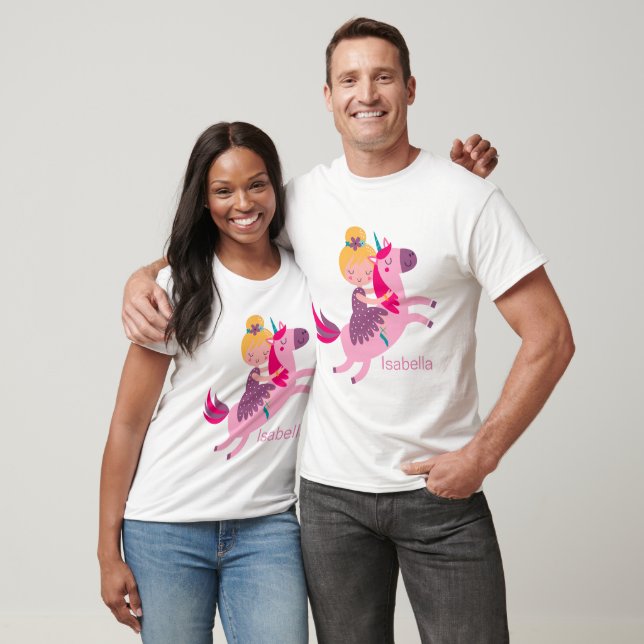 Cute Gult Hred Girl Riding på Unicorn T Shirt (Unisex)
