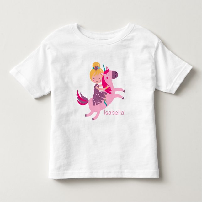 Cute Gult Hred Girl Riding på Unicorn T Shirt (Framsida)