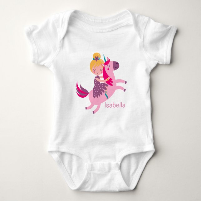 Cute Gult Hred Girl Riding på Unicorn T Shirt (Framsida)