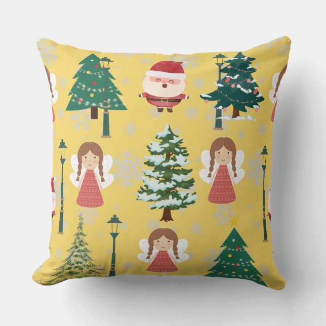 Cute gult Julafton mönster girly l Santa och träd Kudde (Framsida)