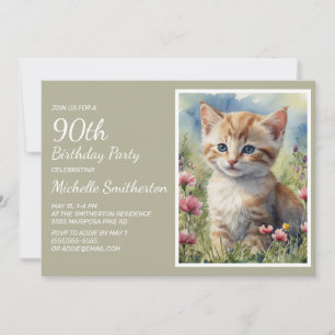 Cute Gult Kitten Watercolor 90:e Birthday Inbjudningar