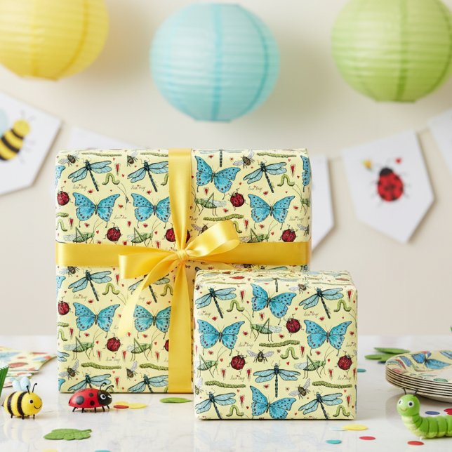 Cute Gult Kryp Insekter för Kryp Älskare Presentpapper (Cute Bugs Insects Wrapping Paper for Kids in Yellow. Butterflies, Dragonflies, Ladybugs, Bees, Worms)