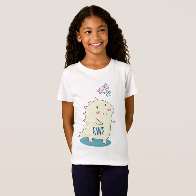 Cute Gult leende Dinosaur med Lycklig Stars T Shirt (Hel framsida)