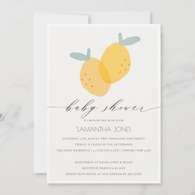 Cute Gult Lemon Fruktig Citrus Baby Shower Inbjuda Tack Kort (Framsida)