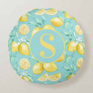 Cute Gult Lemon Mönster på Light Blue Monogram Rund Kudde