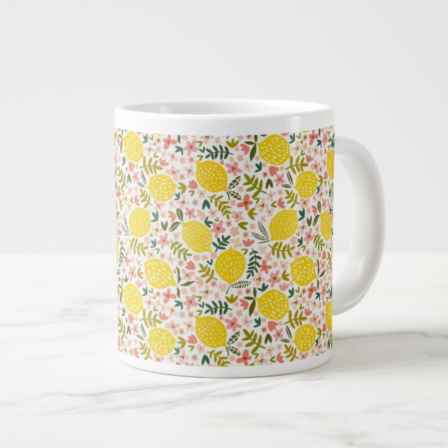 Cute Gult Lemons Modern Rosa Blommigt Jumbo Mugg (Framsida höger)