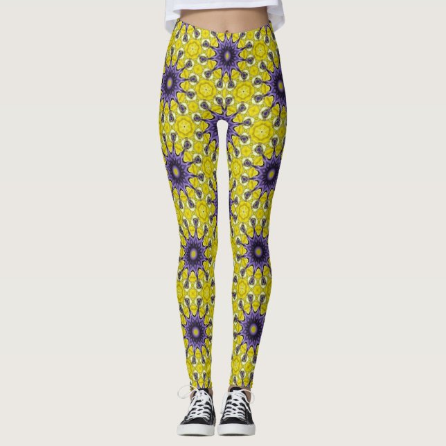 Cute Gult Lila Kaleidoscope Geometric Mönster Leggings (Framsida)